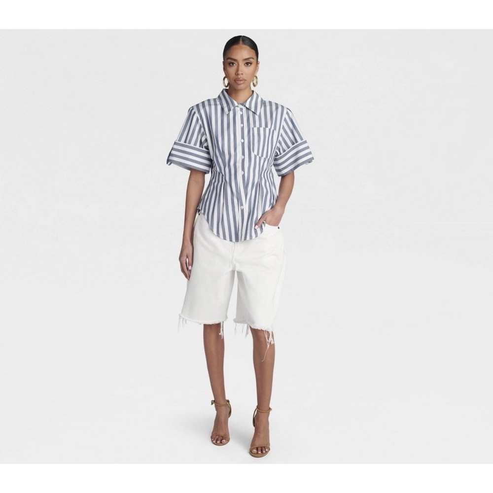 KBB by Kahlana Blue White Striped Hourglass Button Down Shirt L